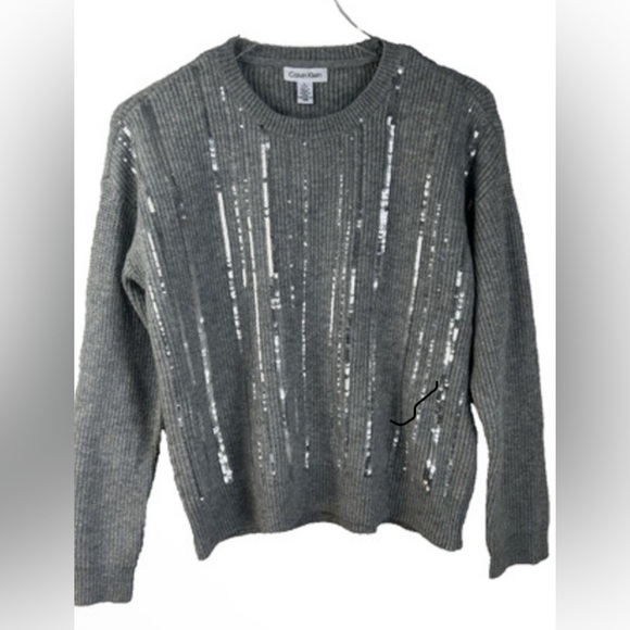 NWT Calvin Klein Sweater Womens Small Gray Sequin Crewneck Long Sleeve - Picture 2 of 11